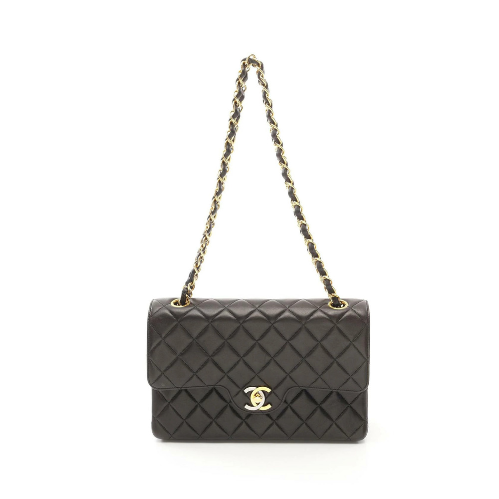 Chanel Matelasse Double Flap Shoulder Bag Lambskin Sheepskin Black